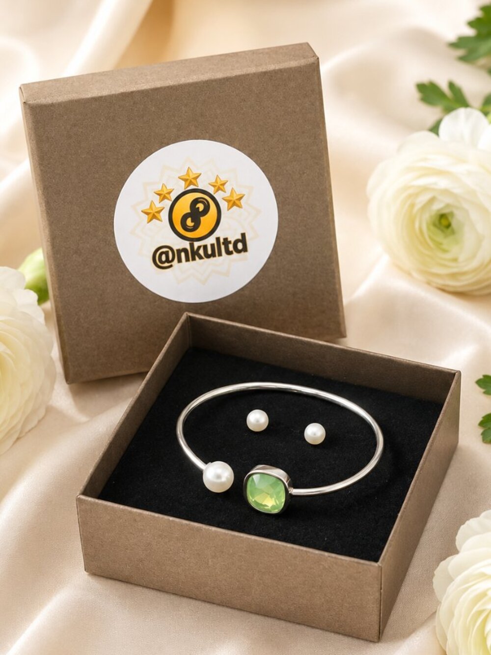 Green Crystal Pearl 18K White Gold Plated Stainless Steel Cuff Bracelet Set - Picture 5 of 13